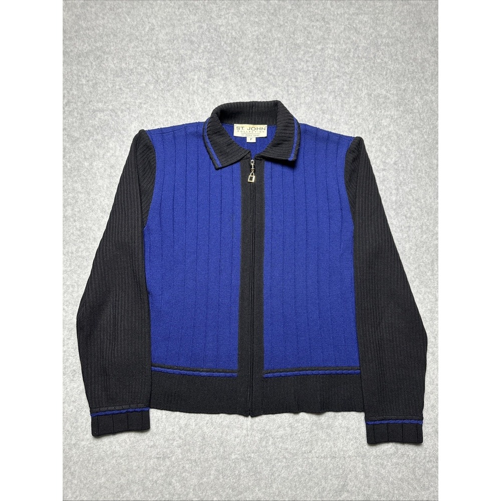 St. John Collection Knit Full Zip Cardigan Sweater‎ Black/Blue Color block Sz P